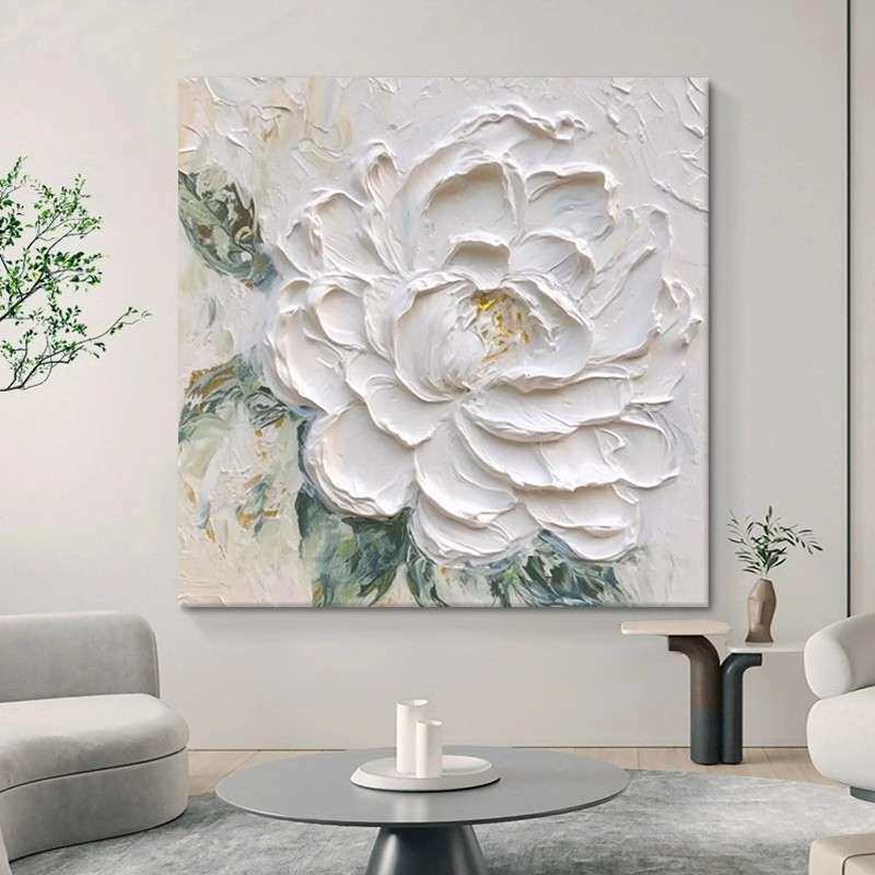 奶油风白牡丹花卉厚肌理手绘油画客厅花开富贵装饰画玄关方形挂画