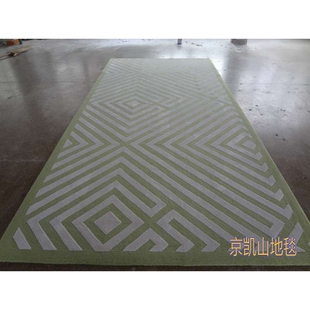 现代简约绿色长方形几何格子中式客厅茶几地毯大厅接待室贵宾室