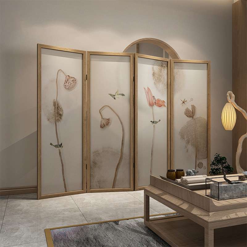 新中式禅意荷花莲蓬实木折叠屏风遮挡客厅餐厅茶室玄关隔断折屏