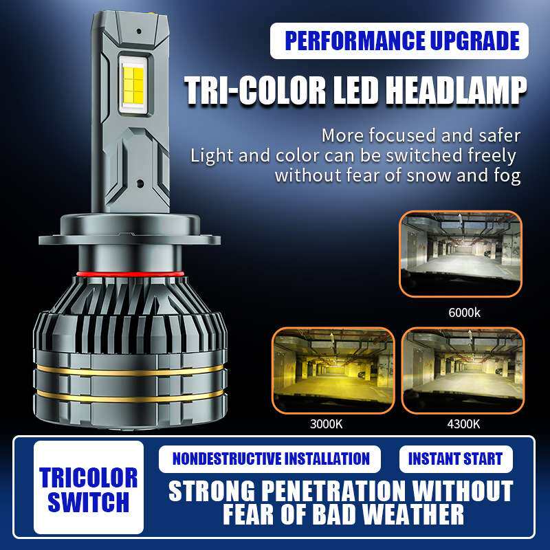 跨境高亮三色汽车LED大灯灯泡H4 H7 H11黄金光双色前照灯改装车灯