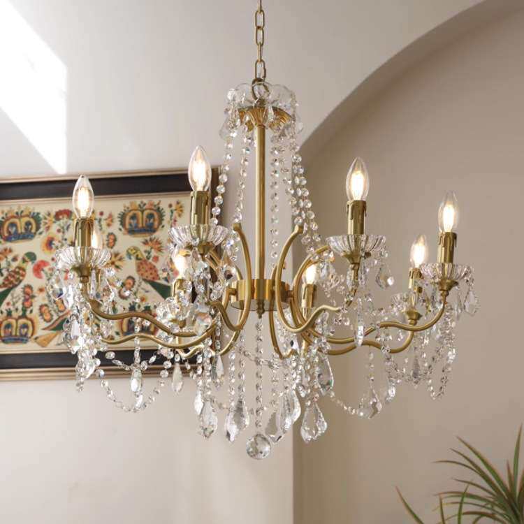 法式全铜水晶吊灯 美式欧式别墅客厅餐厅卧室轻奢灯具6头