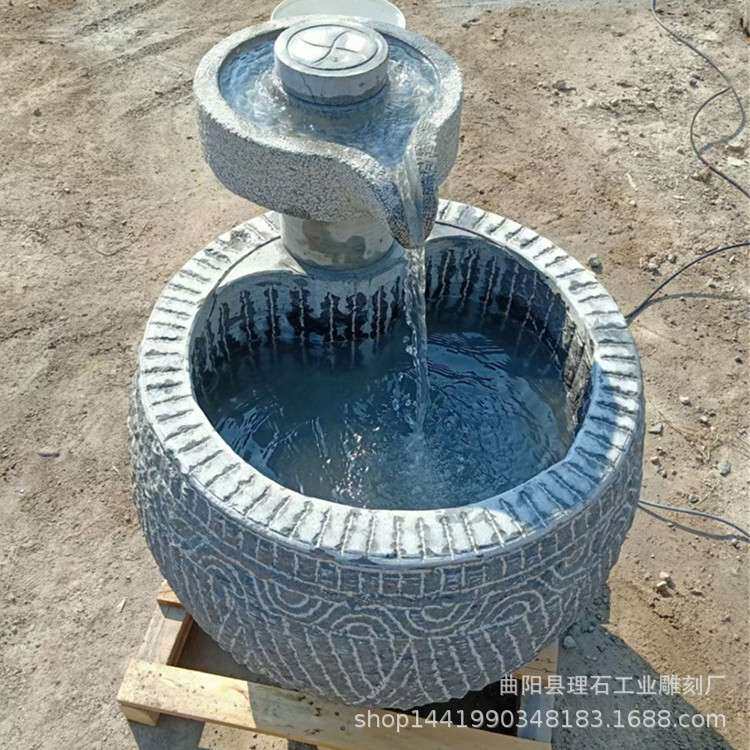 石雕鱼缸青石养鱼石缸庭院阳台造景创意石磨循环流水摆件