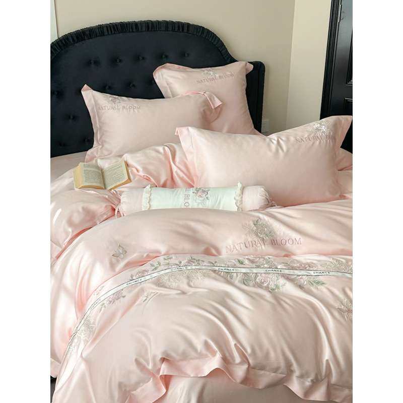 夏季A类天丝四件套高级新款花卉刺绣被套凉感裸睡冰丝滑床单床品4