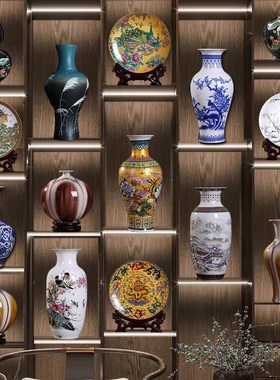 中式茶室软装茶柜酒柜装饰摆件博古架陶J瓷青花瓷花瓶瓷器工艺品