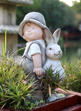 花园装饰 庭院摆件布置户外装饰创意树脂兔子S卡通人物小孩摆件