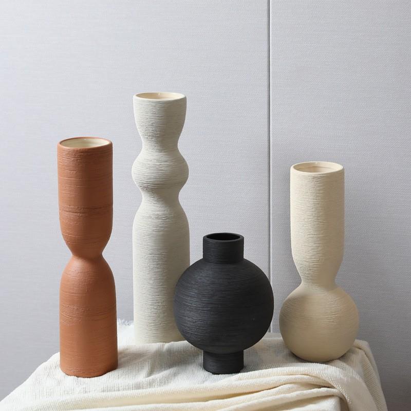 新中式创意彩色拉丝条纹陶瓷花瓶摆件客厅别墅样板房酒柜软装饰品