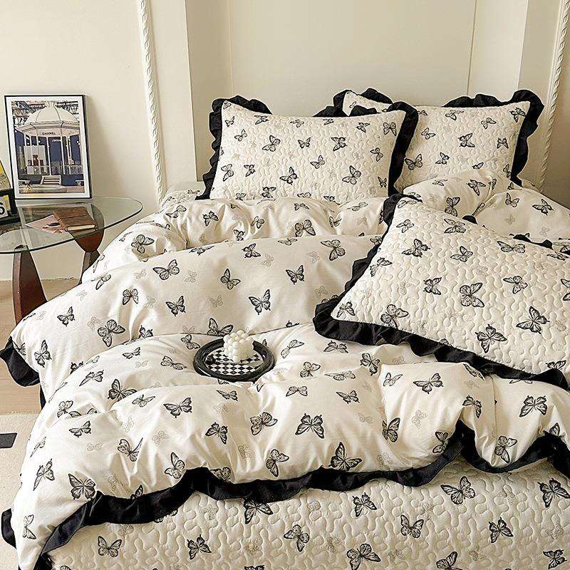 四季款水洗棉床盖款四件套公主风荷花边床盖款床单清新风床上用品