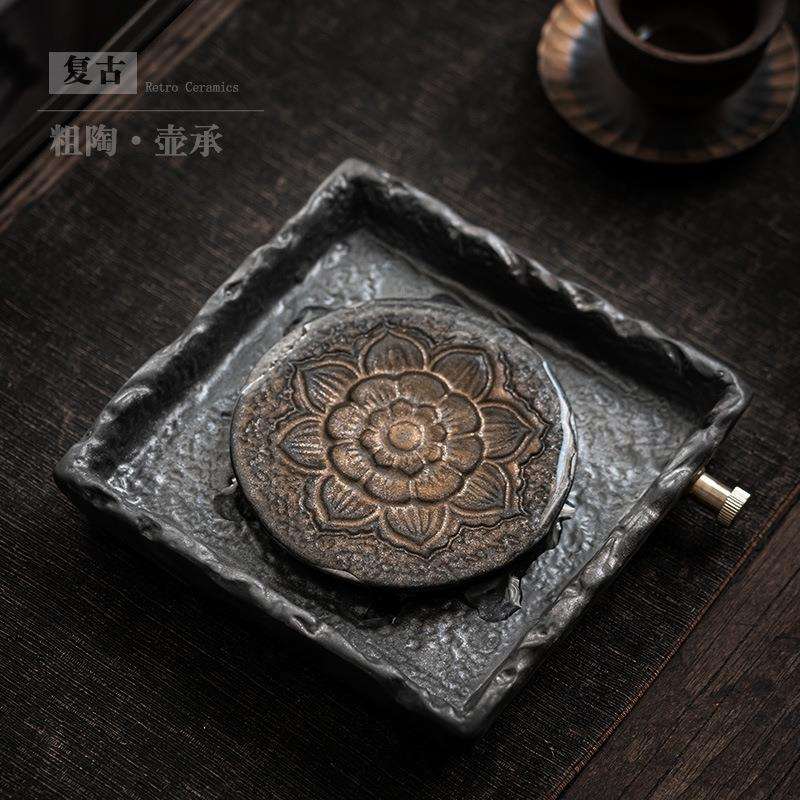 鎏金做旧壶承粗陶干泡台托盘小号储水式复古茶盘茶具茶壶隔热垫