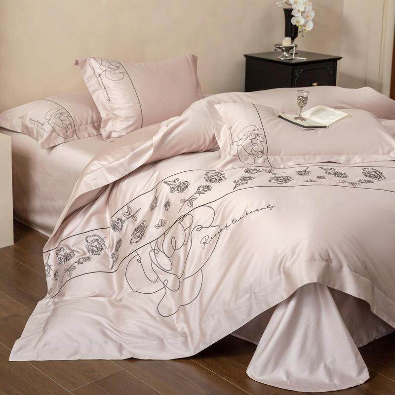 A类轻奢风刺绣床品床上四件套纯棉100S长绒棉被套床单床笠