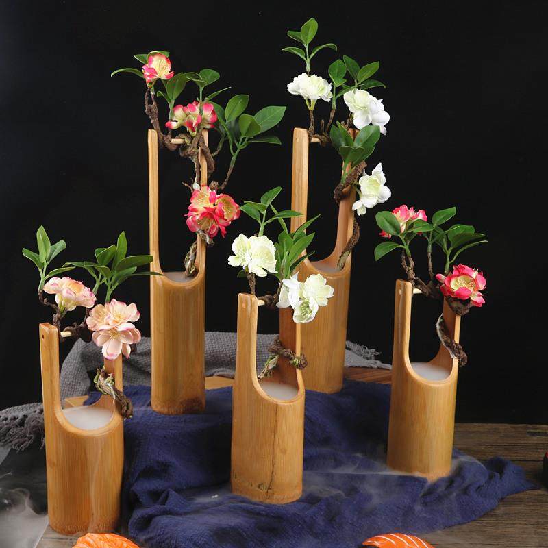 刺身装饰竹筒藤花海鲜姿造干冰竹筒酒店摆盘花草餐厅菜品盘饰摆件