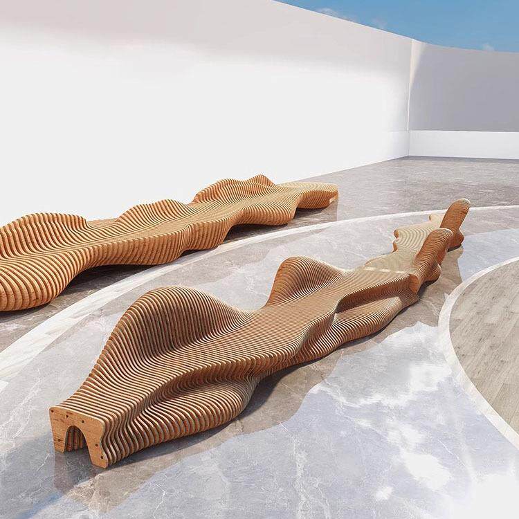 实木切片座椅商业美陈坐凳玻璃钢椅户外长凳商场椅子商用等候椅