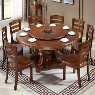 现代简约带电磁炉实木餐桌椅组合中式圆饭桌带转盘家用火锅大圆桌