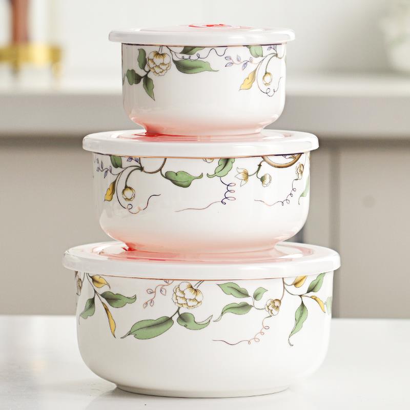 微波炉碗套装陶瓷碗带盖大号骨瓷保鲜碗家用加热密封碗三件套