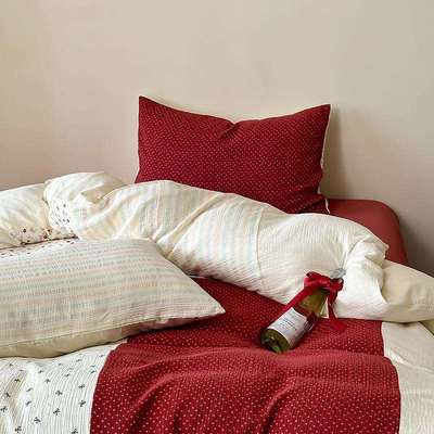 加州日出全棉双层纱床上四件套拼接红色混搭被套床笠少女床上用品