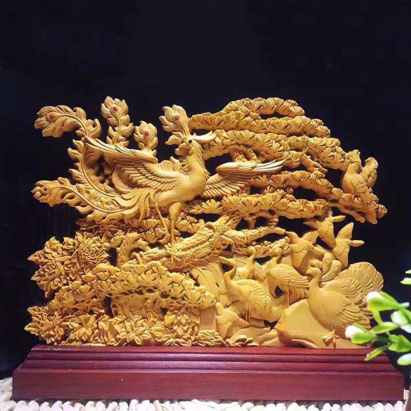 崖柏木雕百鸟朝凤摆件 家居办公孔雀镂空雕刻工艺品实木书房装饰
