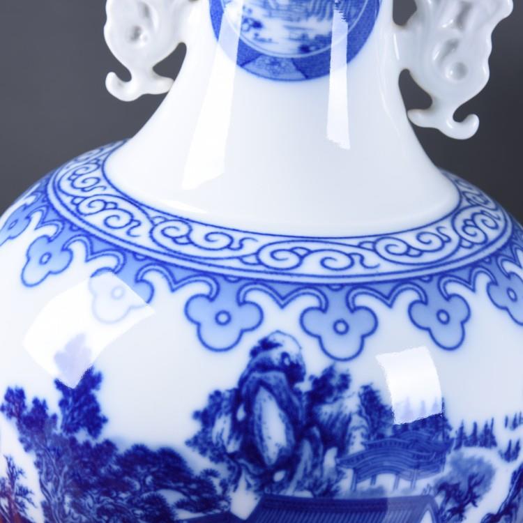 现代简约田园花瓶摆件 电视柜装饰品青花双耳复古陶瓷饰品