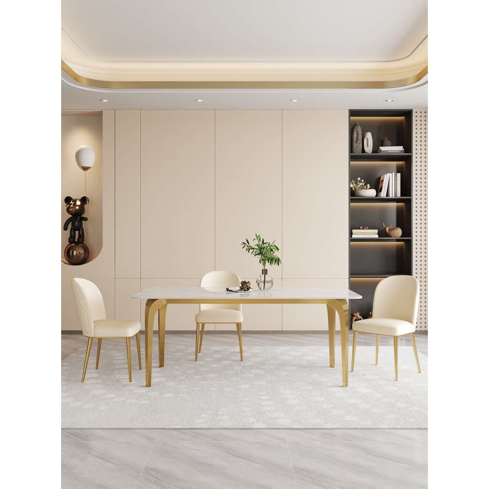 现代简约长方形桌子不锈钢餐桌岩板餐桌家用小户型饭桌轻奢椅组合