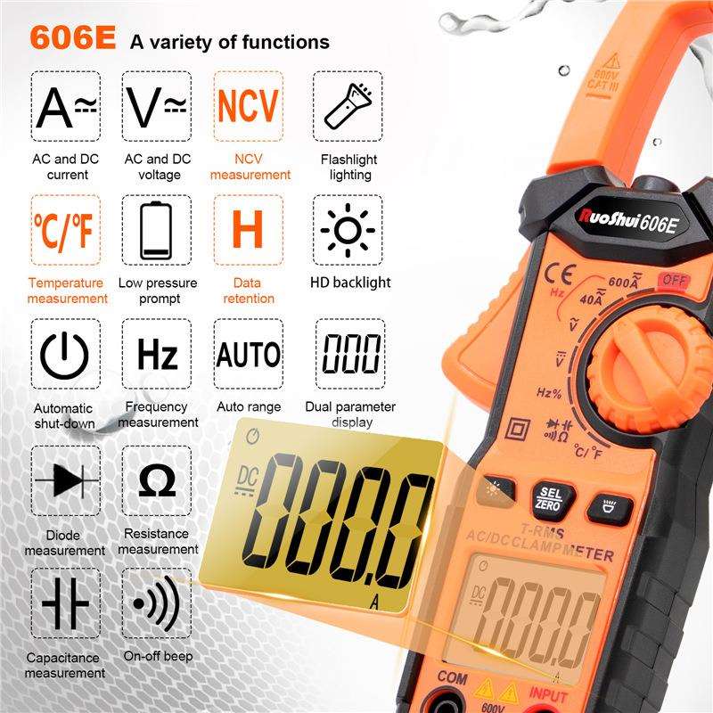 胜利钳型表roshui606E 钳表英文版600A 防烧 数字钳形万用表