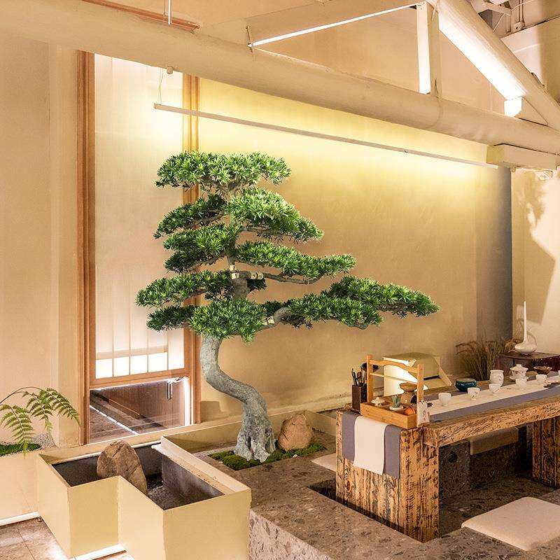新中式仿真松树迎客松罗汉松室内楼梯下景观造景装饰绿植盆景摆件