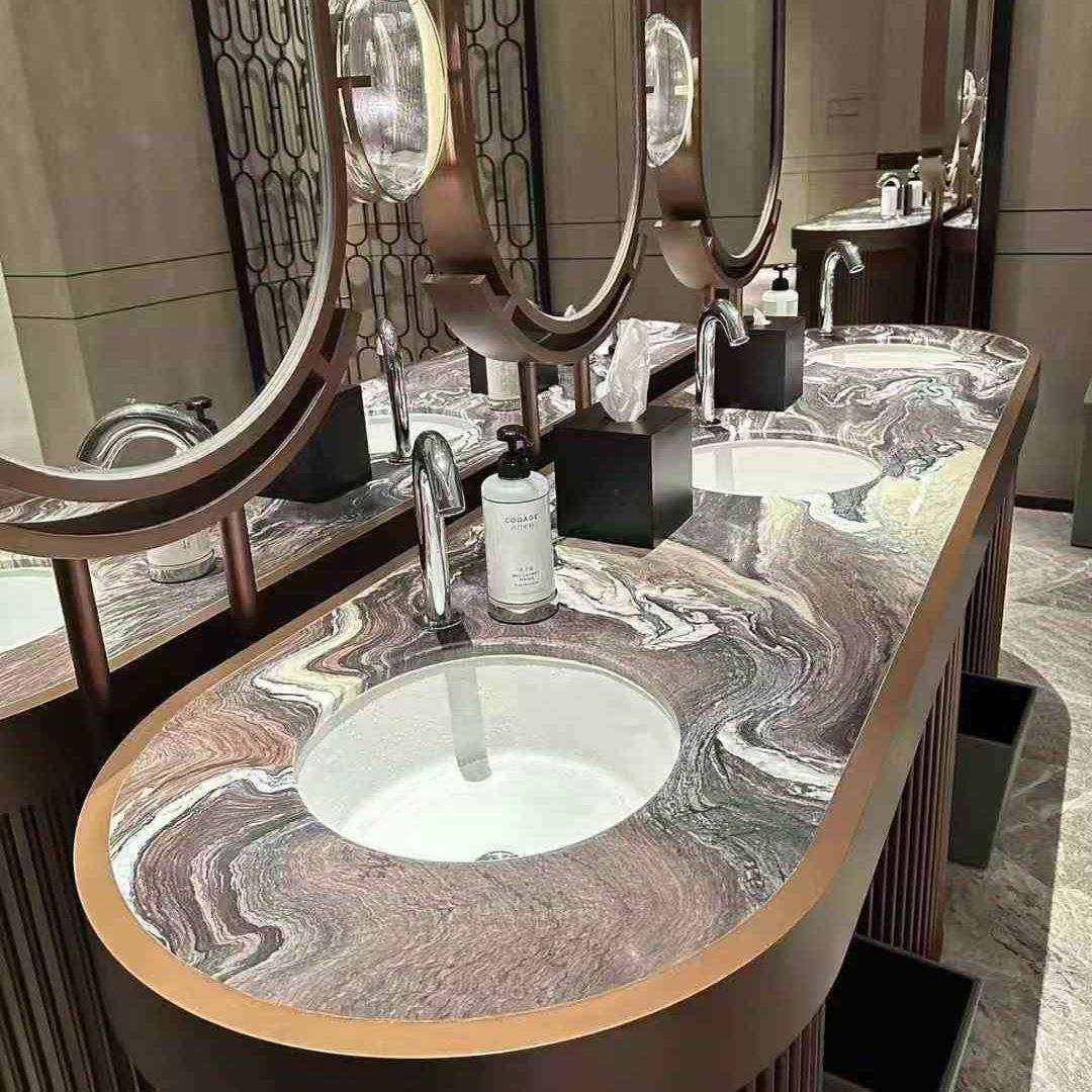 天然奢石紫山水 洗手池台面板大理石桌面石材茶几餐桌岛台