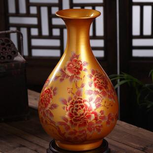 金色花开富贵水晶釉玉壶春花瓶新房装饰摆件陶瓷创意手工制品插花
