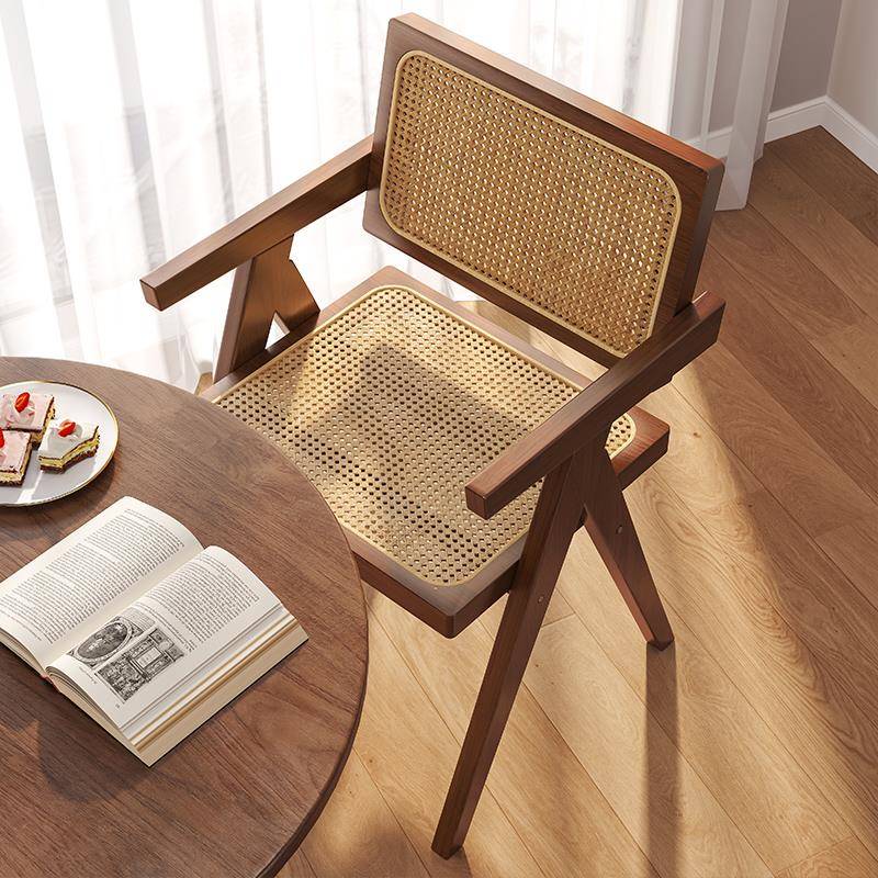 实木餐椅家用中古风扶手藤编椅子咖啡店简现代休闲藤椅高靠背