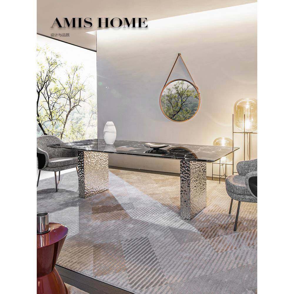 意式极简天然大理石餐桌现代简约家用不锈钢桌子轻奢黑玫瑰桌岛台