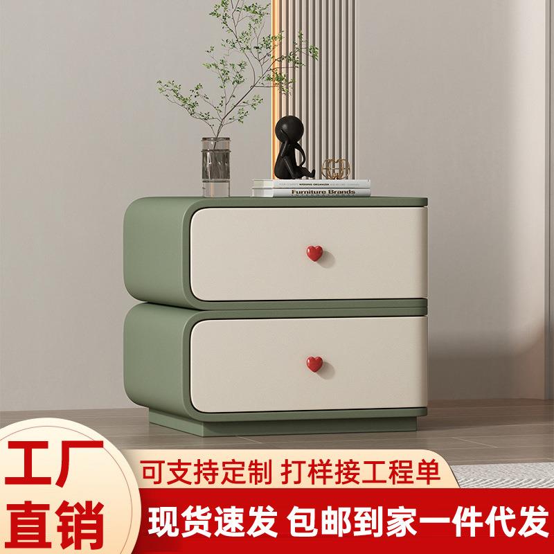 网红创意设计双层撞色床头柜实木奶油风现代轻奢卧室家用床头收纳