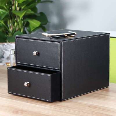 商务财务资料柜桌面办公票据文件柜组织者带抽屉皮革杂物收纳盒