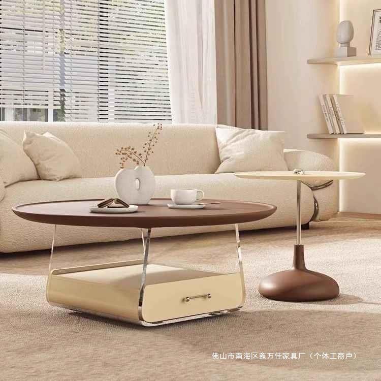 奶油复古双层茶几家用法式简约客厅现代亚克力圆形小户型组合网红
