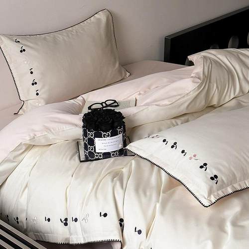 小清新60S全棉水洗棉床单款四件套樱桃刺绣纯棉柔软被套床上用品