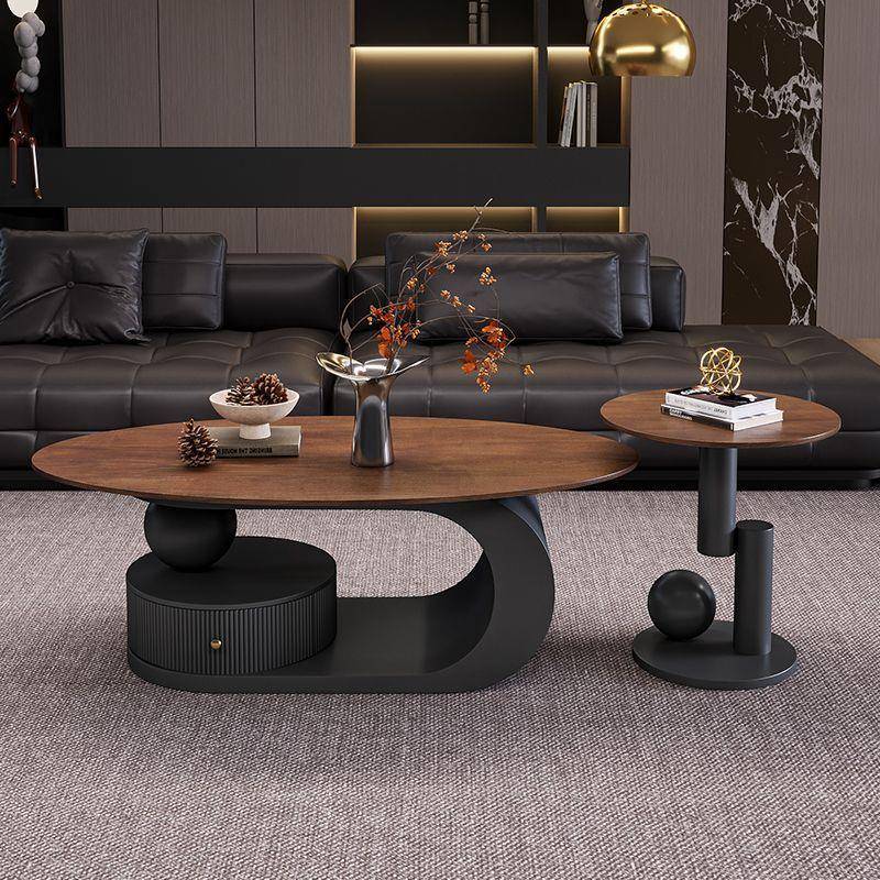 意式奶油岩板椭圆形茶几现代简约小户型轻奢高级家用客厅组合新款