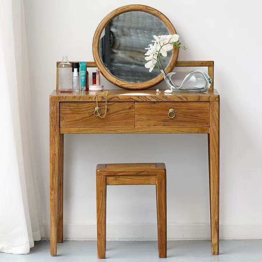 新中式老榆木梳妆台家居办公学习桌椅小户型化妆桌带镜子梳妆台