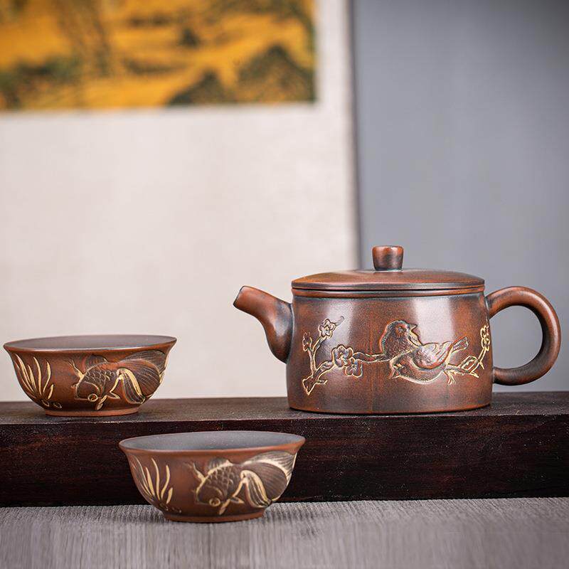 坭泥兴陶茶壶杯陶瓷西施壶窑变纯手作非紫砂建水壶一壶二杯套装