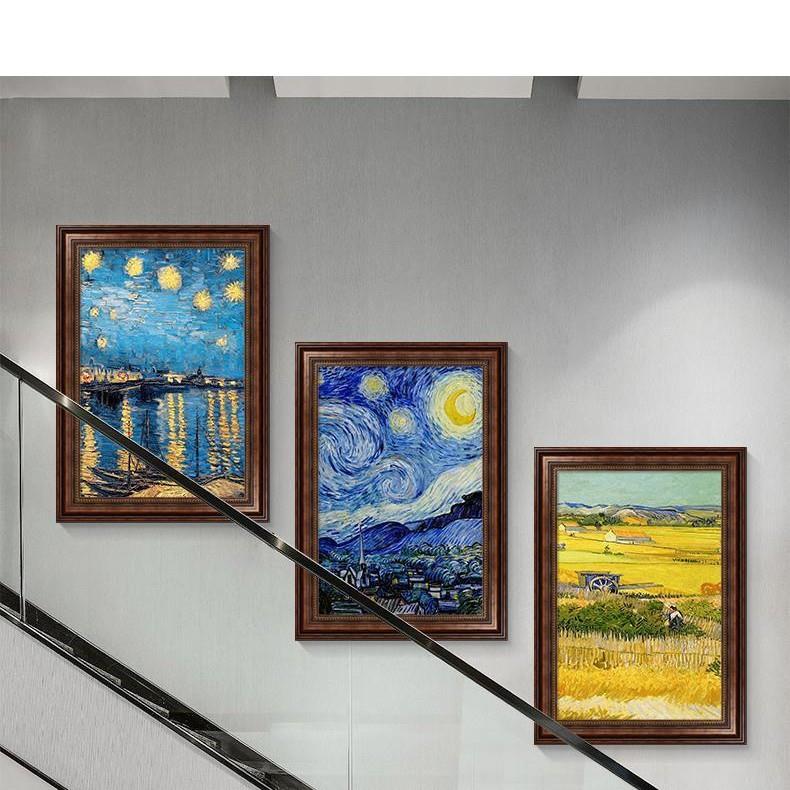 别墅楼梯间三联美式油画客厅装饰画走廊过道欧式壁画复式楼道挂画