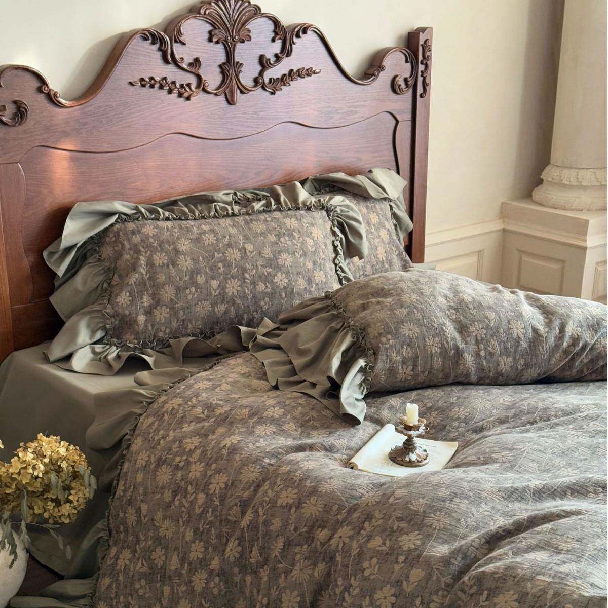 春野牧场︱法式色织提花全棉四件套纯棉水洗棉复古荷叶边被套床品