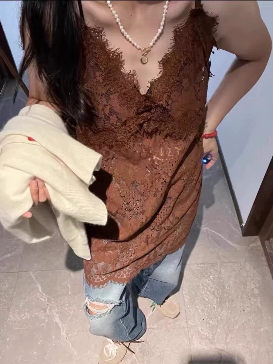 蕾丝花边镂空吊带背心女夏季薄款设计感小众细肩带中长款V领上衣