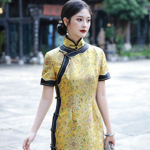 桑蚕丝真丝宋锦旗袍修身