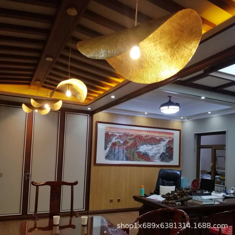 全铜新中式餐饮荷叶吊灯酒店大堂咖啡厅茶室艺术中山灯具手工敲打