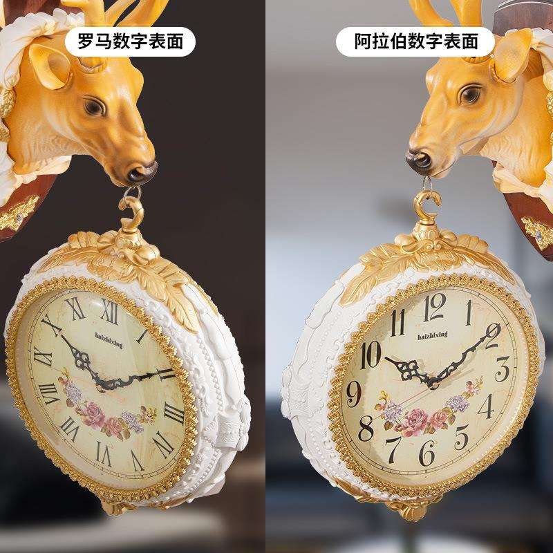 鹿头双面挂钟现代网红轻奢精美钟表酒店家用客厅挂墙时钟风北欧