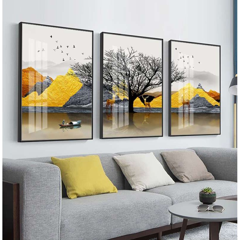 背靠装饰画客厅三联有框冰晶玻璃画沙发背景挂画卧室壁画靠山壁画