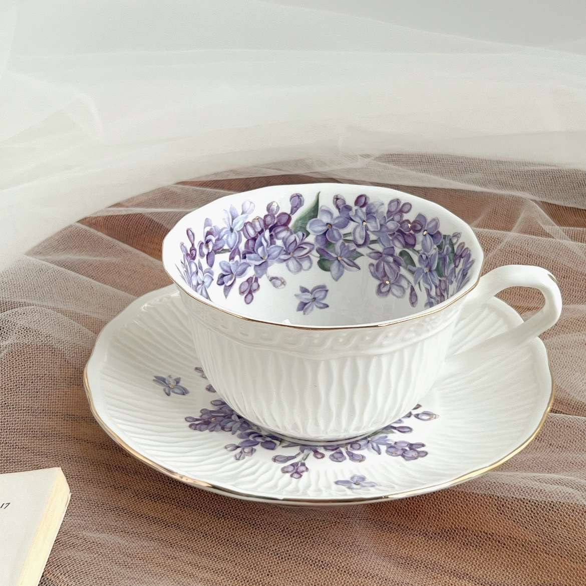 莫奈后花园出口单骨瓷浪漫紫丁香咖啡杯简约浮雕条纹丁香花咖啡杯