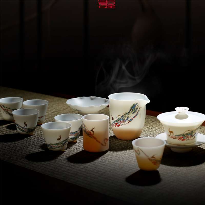 朋寄渡景山房羊脂玉瓷薄胎新中式茶具茶杯套装陶瓷办公室家用会客