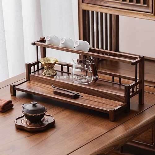 高端胡桃木茶杯架茶室茶桌茶具收纳架置物架茶台桌面实木博古架