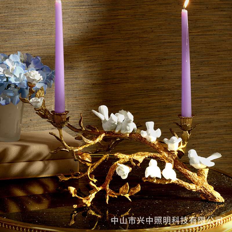 欧式法式小鸟纯铜双头烛台美式别墅客厅家居两头装饰摆件
