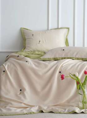 100支LF兰精天丝绣花四件套夏季凉感丝滑裸睡床单被套1.8床笠