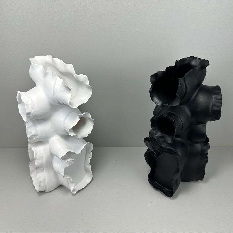 简约现代艺术白色砖色千层花器摆件样板间客厅玄关波浪纹花瓶装饰