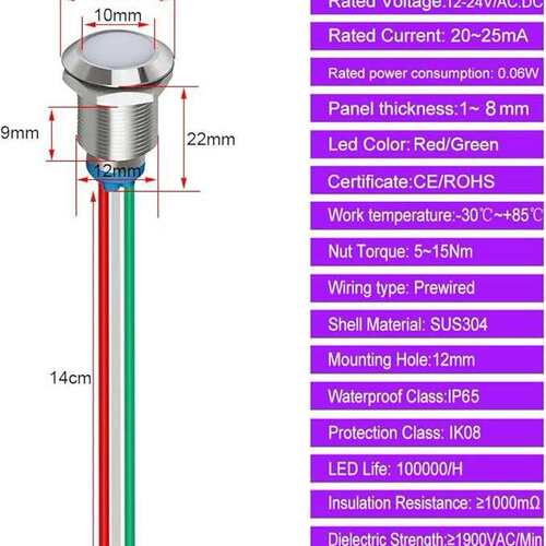 双色（绿色和红色）12mm 2 色 LED 灯 12V24V 20mA 面板安装灯