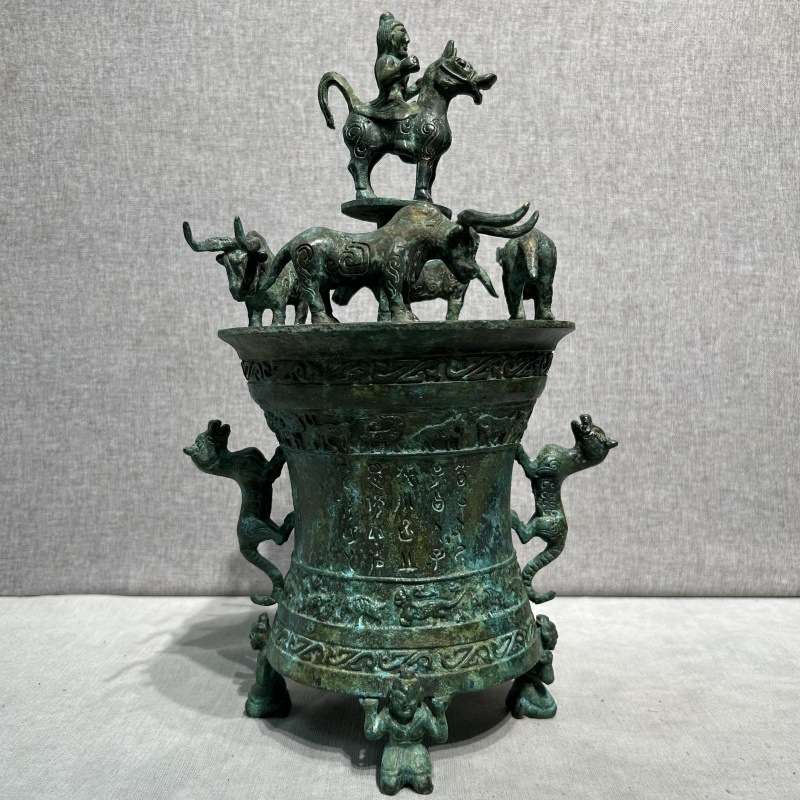 仿古青铜器五牛一鼓贮贝器做旧储备器收藏品摆件博古架博物馆送礼