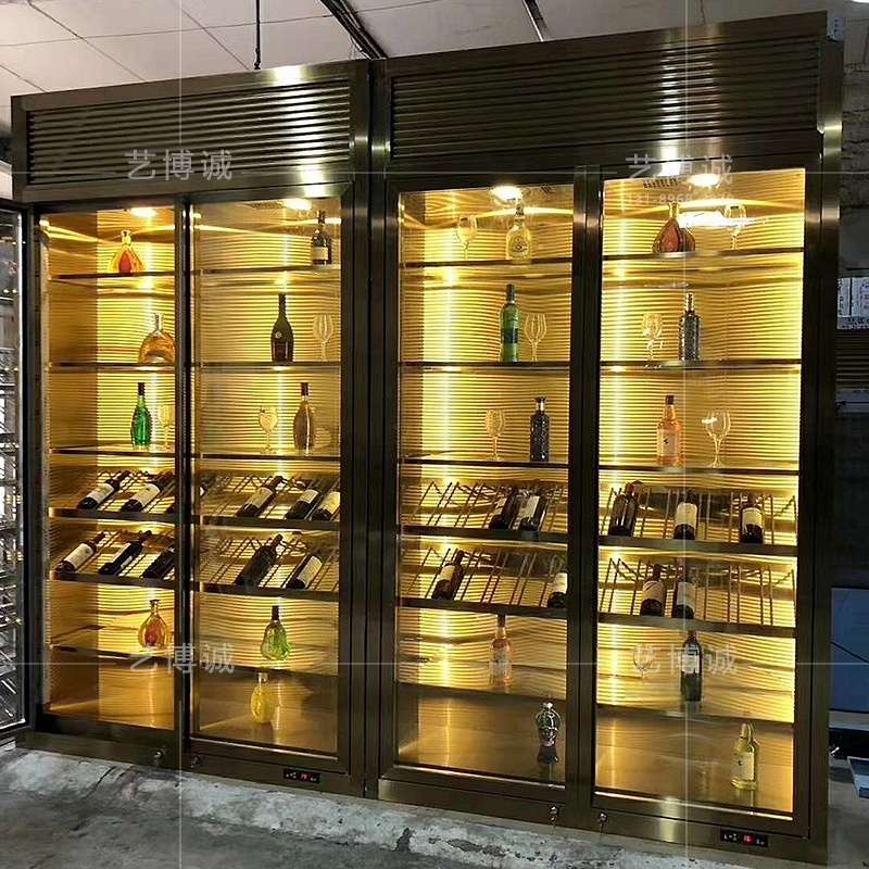 别墅家庭酒窖设计效果图酒庄恒温恒湿酒柜不锈钢六开门酒柜设计
